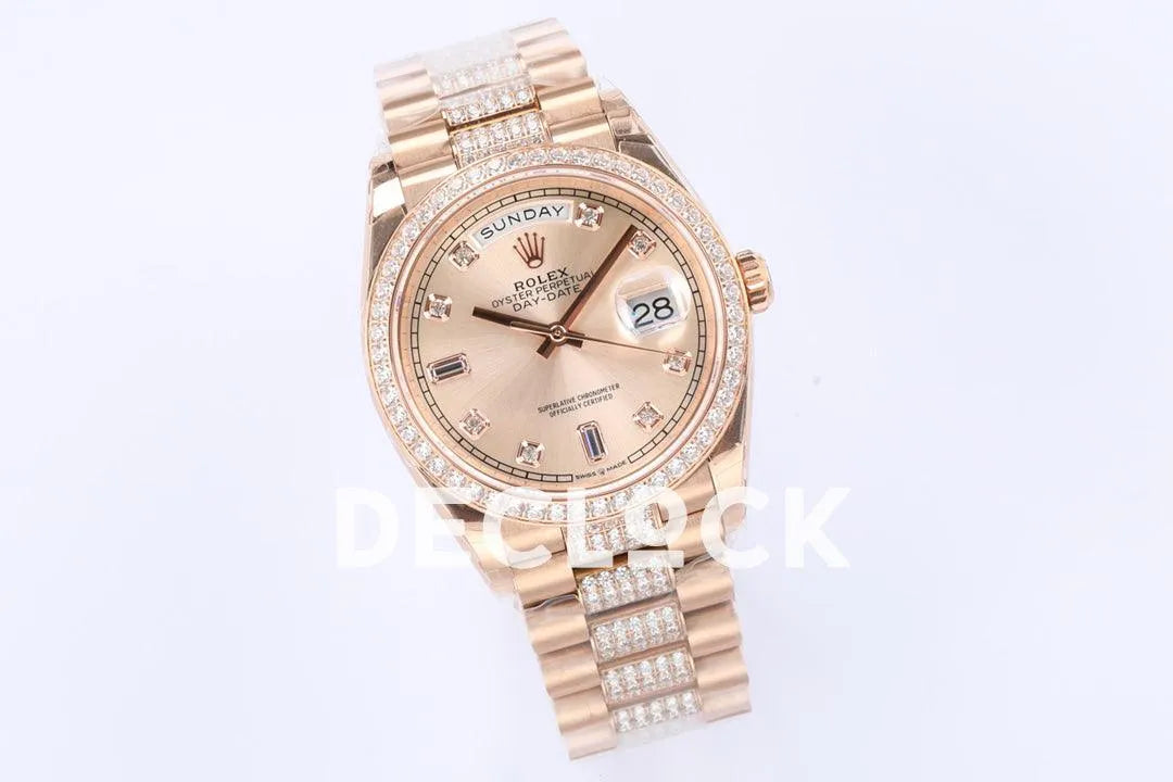 Replica Rolex Day-Date 36 128345RBR Rose Dial with Diamond Bezel in Everose Gold - Replica Watches