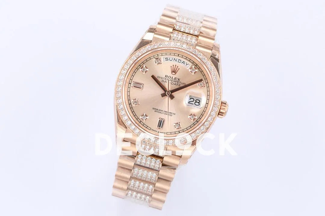 Replica Rolex Day-Date 36 128345RBR Rose Dial with Diamond Bezel in Everose Gold - Replica Watches