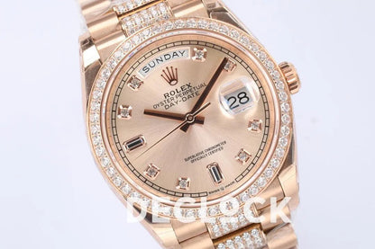 Replica Rolex Day-Date 36 128345RBR Rose Dial with Diamond Bezel in Everose Gold - Replica Watches