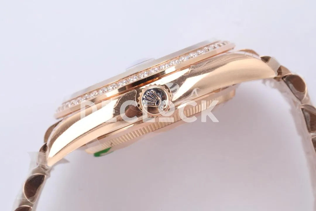 Replica Rolex Day-Date 36 128345RBR Rose Dial with Diamond Bezel in Everose Gold - Replica Watches