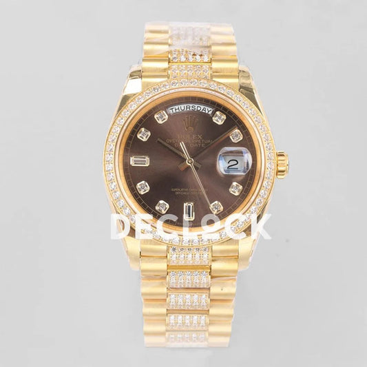 Replica Rolex Day-Date 36 128348RBR Brown Dial with Diamond Bezel in Yellow Gold - Replica Watches