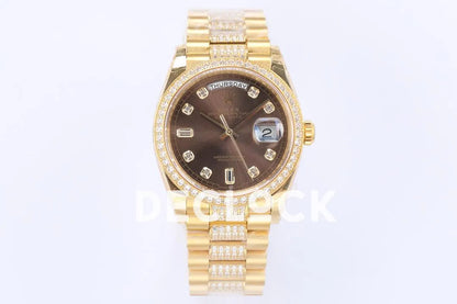 Replica Rolex Day-Date 36 128348RBR Brown Dial with Diamond Bezel in Yellow Gold - Replica Watches