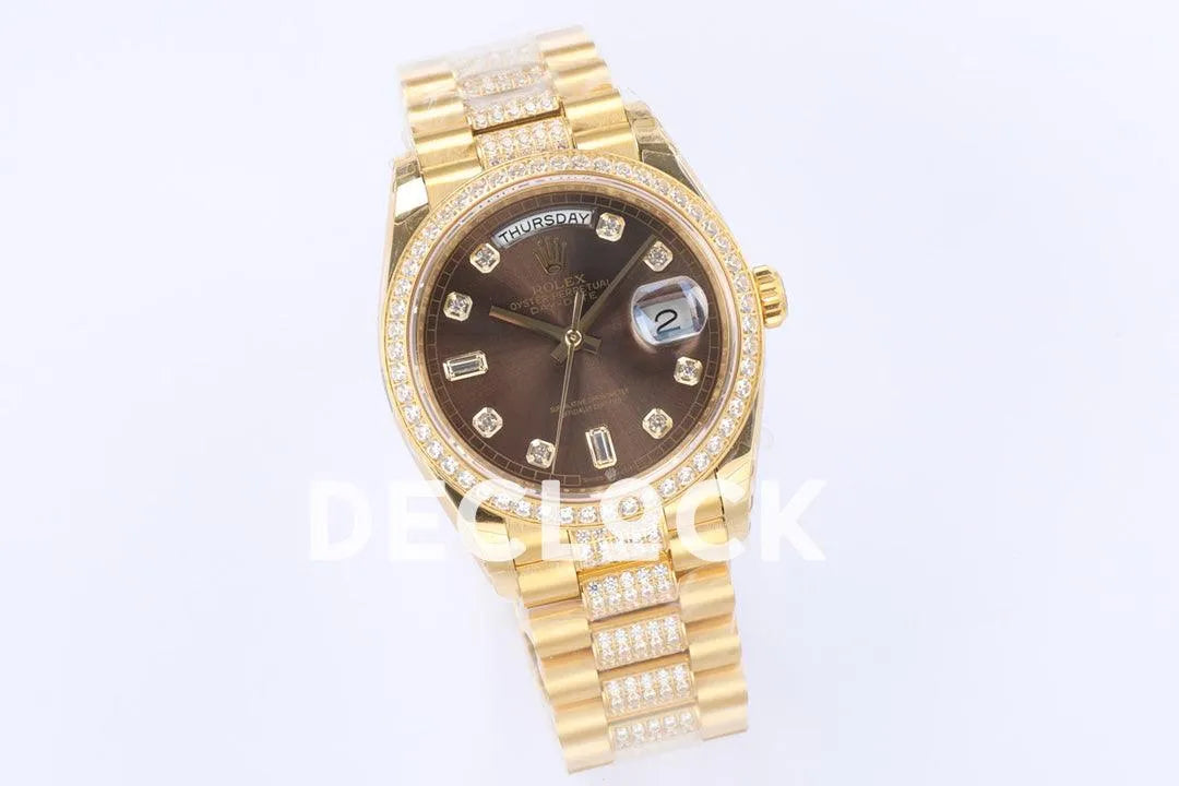 Replica Rolex Day-Date 36 128348RBR Brown Dial with Diamond Bezel in Yellow Gold - Replica Watches