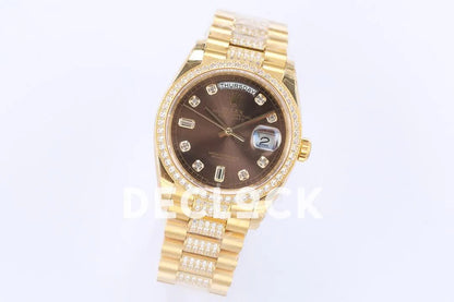 Replica Rolex Day-Date 36 128348RBR Brown Dial with Diamond Bezel in Yellow Gold - Replica Watches