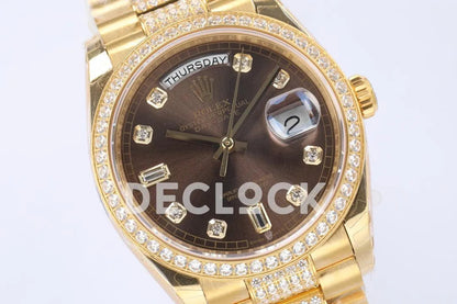 Replica Rolex Day-Date 36 128348RBR Brown Dial with Diamond Bezel in Yellow Gold - Replica Watches