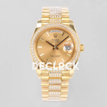 Replica Rolex Day-Date 36 128348RBR Champagne Dial with Diamond Bezel in Yellow Gold - Replica Watches