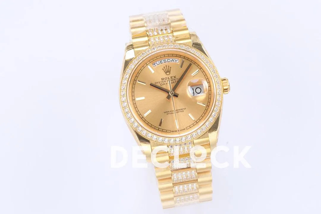 Replica Rolex Day-Date 36 128348RBR Champagne Dial with Diamond Bezel in Yellow Gold - Replica Watches