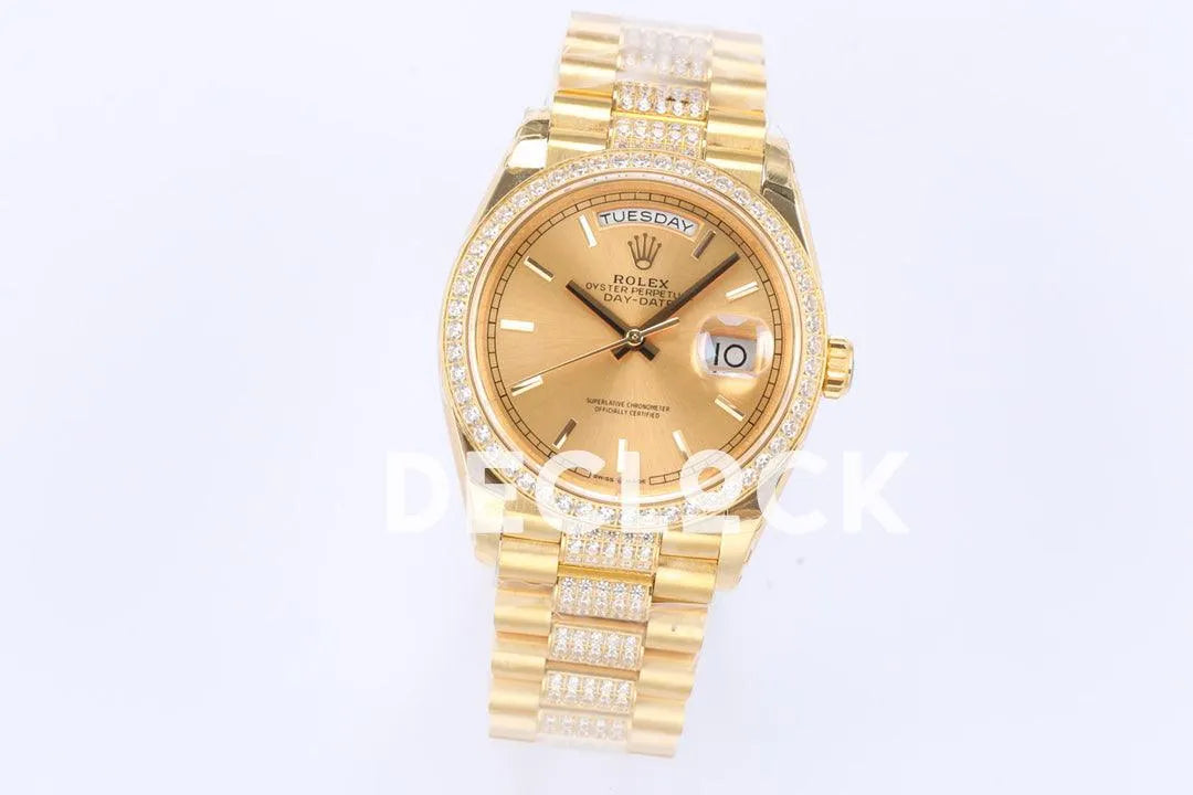 Replica Rolex Day-Date 36 128348RBR Champagne Dial with Diamond Bezel in Yellow Gold - Replica Watches