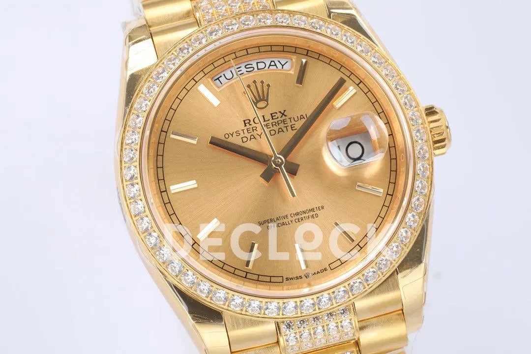 Replica Rolex Day-Date 36 128348RBR Champagne Dial with Diamond Bezel in Yellow Gold - Replica Watches