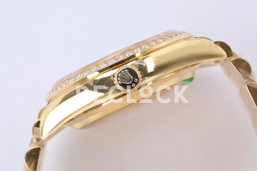 Replica Rolex Day-Date 36 128348RBR Champagne Dial with Diamond Bezel in Yellow Gold - Replica Watches