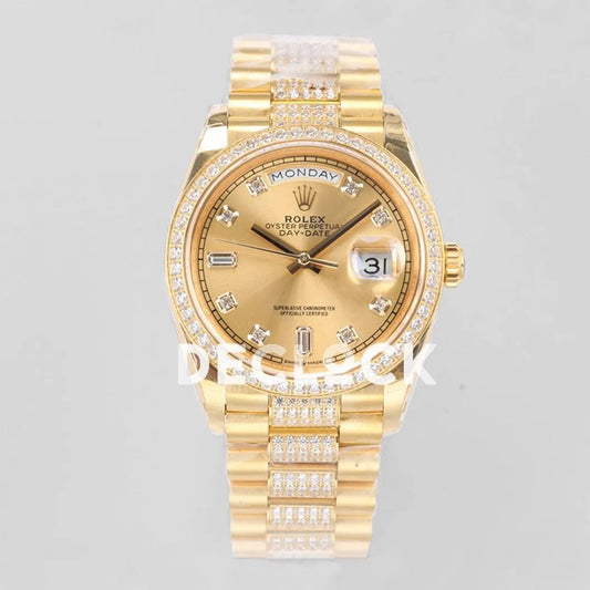 Replica Rolex Day-Date 36 128348RBR Champagne Dial with Diamond Markers and Bezel in Yellow Gold - Replica Watches