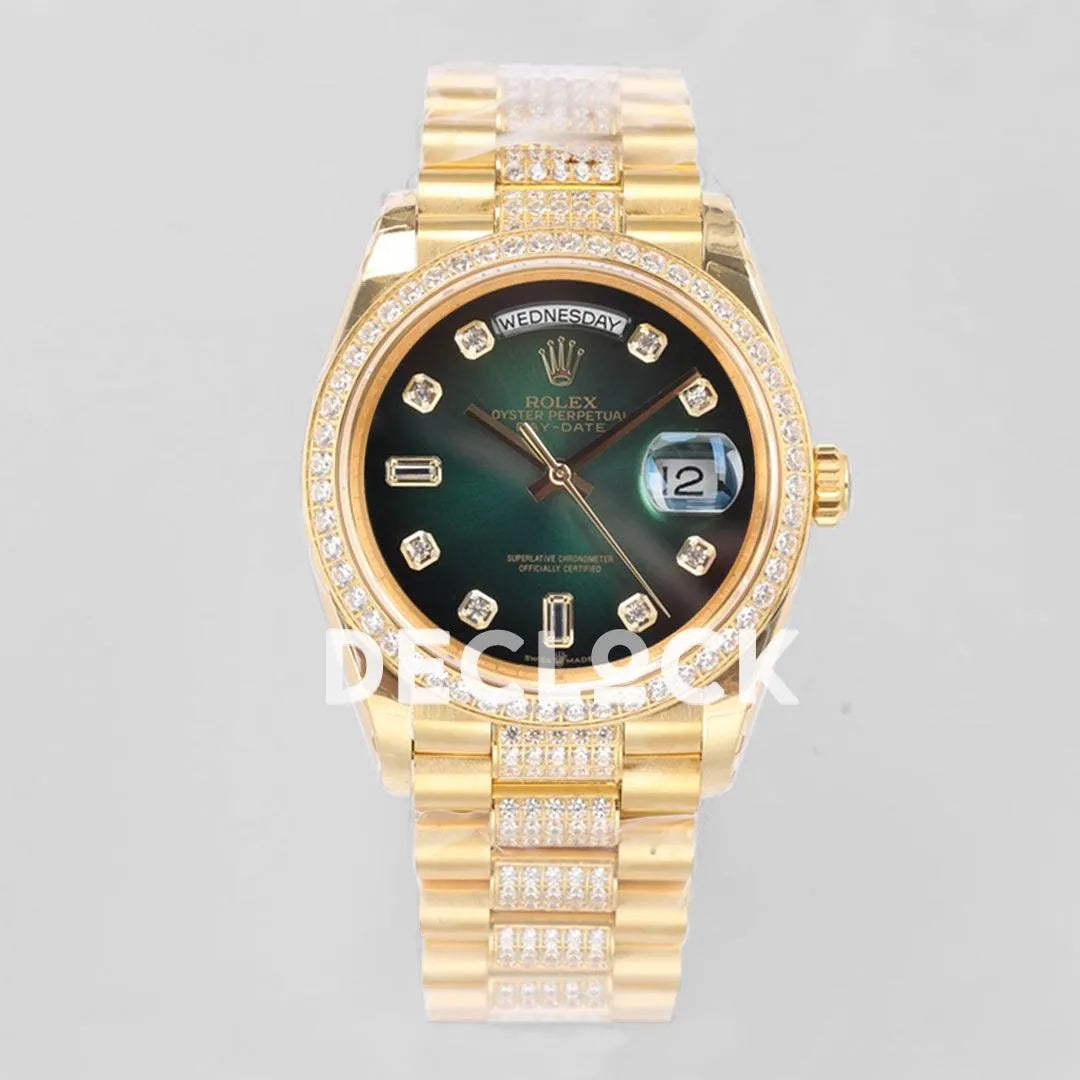 Replica Rolex Day-Date 36 128348RBR Green Dial with Diamond Bezel in Yellow Gold - Replica Watches