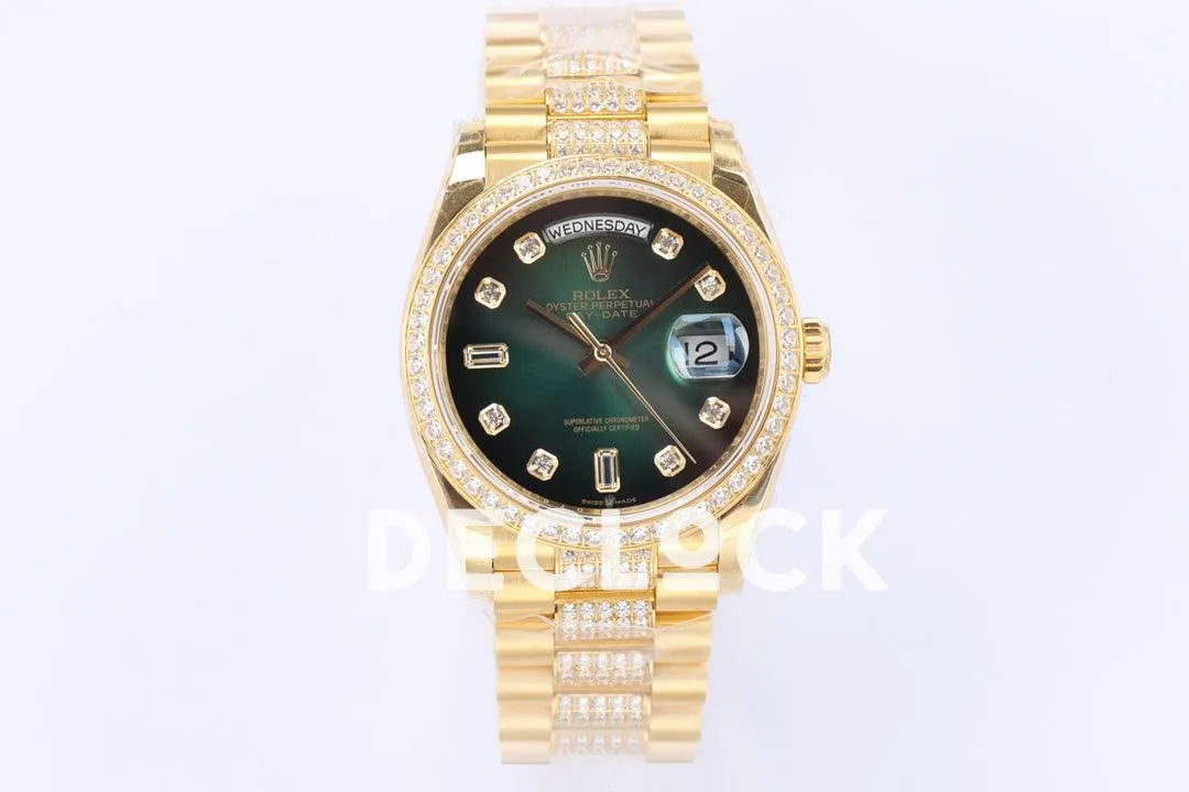 Replica Rolex Day-Date 36 128348RBR Green Dial with Diamond Bezel in Yellow Gold - Replica Watches