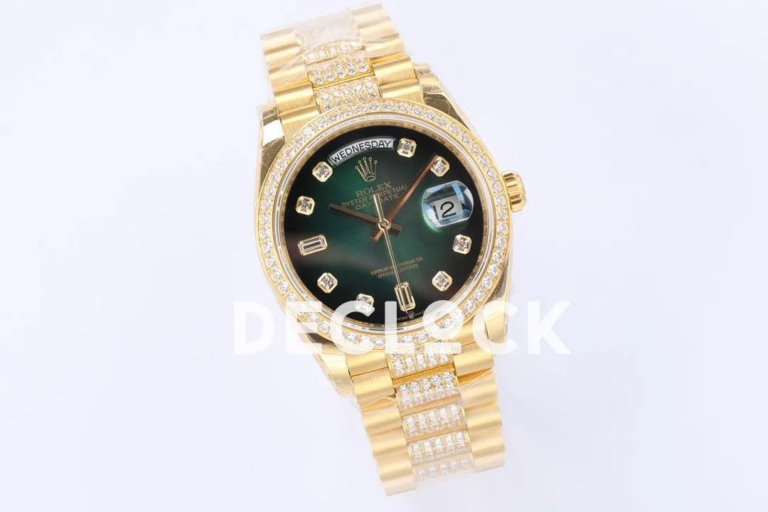 Replica Rolex Day-Date 36 128348RBR Green Dial with Diamond Bezel in Yellow Gold - Replica Watches