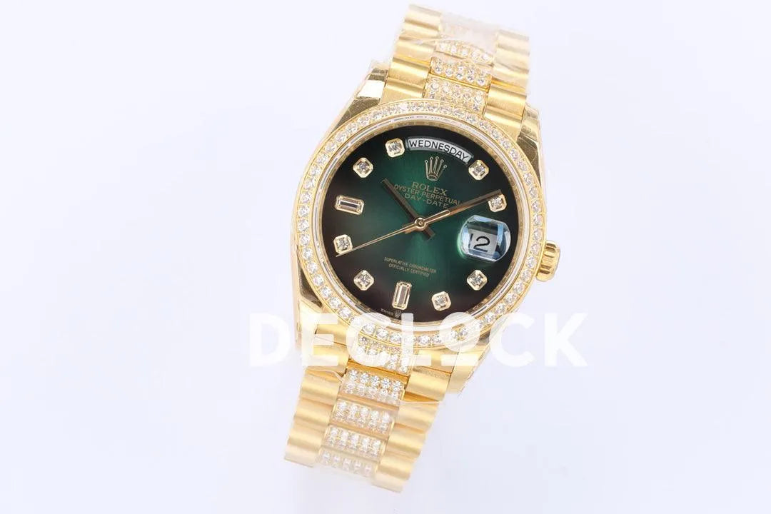 Replica Rolex Day-Date 36 128348RBR Green Dial with Diamond Bezel in Yellow Gold - Replica Watches