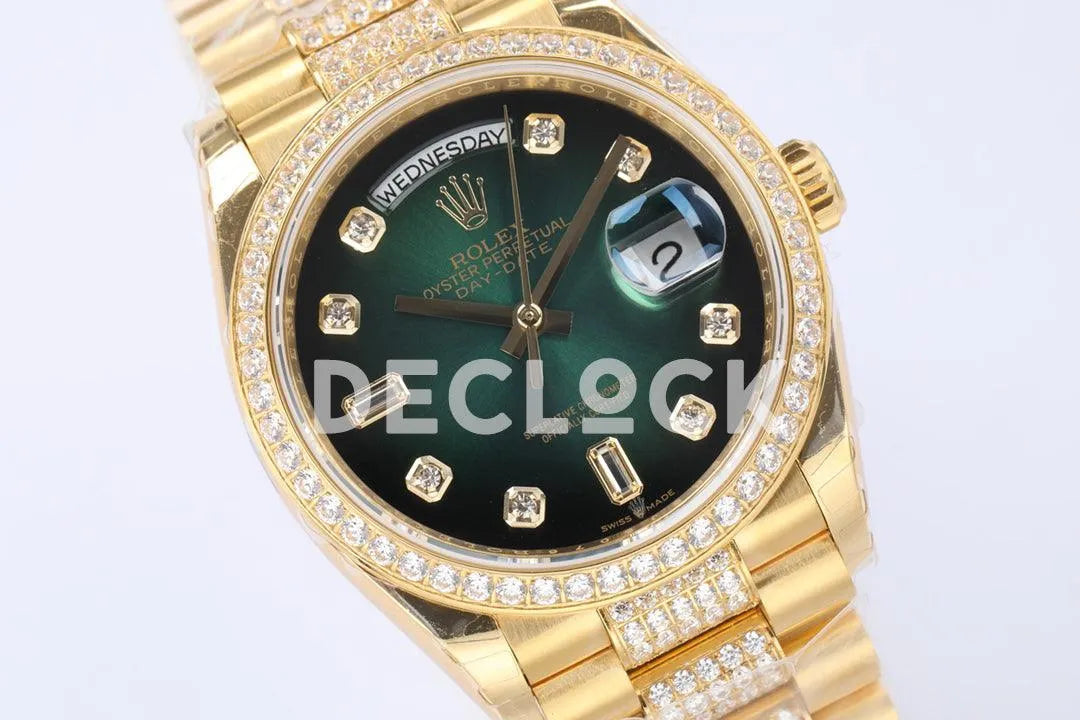 Replica Rolex Day-Date 36 128348RBR Green Dial with Diamond Bezel in Yellow Gold - Replica Watches