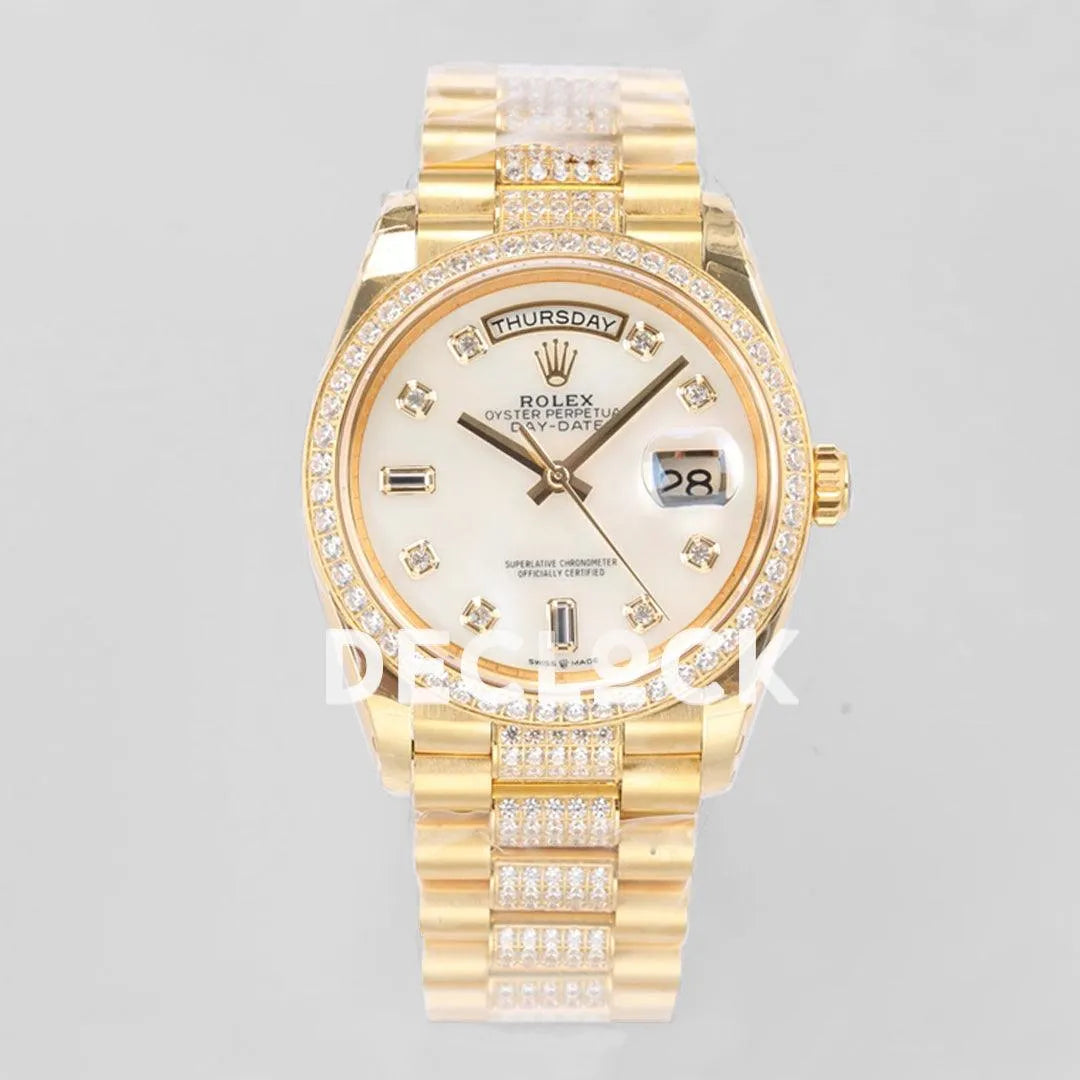 Replica Rolex Day-Date 36 128348RBR MOP Dial with Diamond Bezel in Yellow Gold - Replica Watches