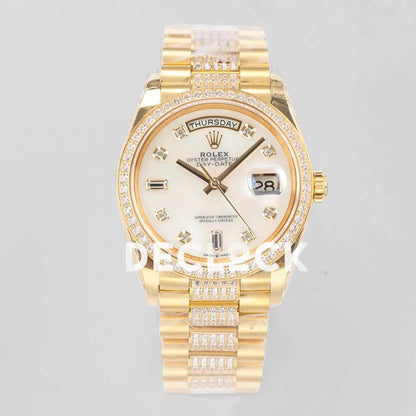 Replica Rolex Day-Date 36 128348RBR MOP Dial with Diamond Bezel in Yellow Gold - Replica Watches