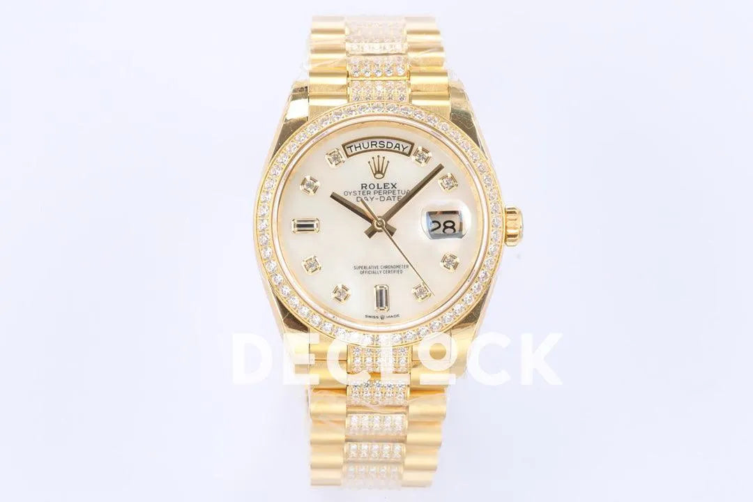 Replica Rolex Day-Date 36 128348RBR MOP Dial with Diamond Bezel in Yellow Gold - Replica Watches