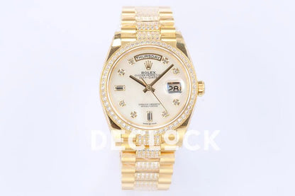 Replica Rolex Day-Date 36 128348RBR MOP Dial with Diamond Bezel in Yellow Gold - Replica Watches