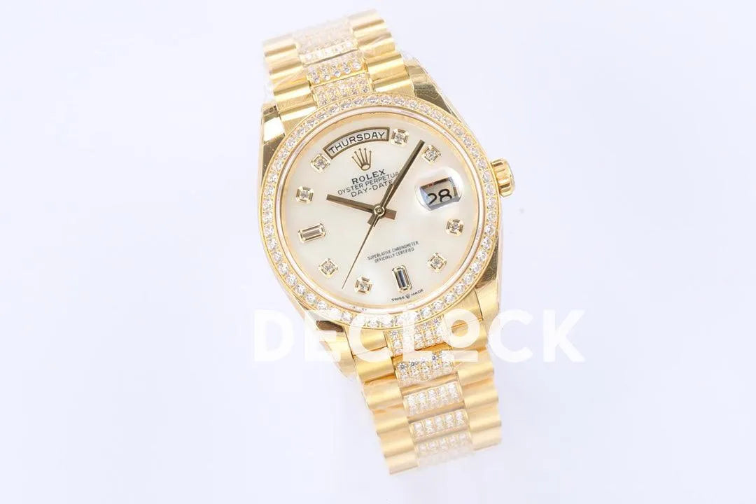 Replica Rolex Day-Date 36 128348RBR MOP Dial with Diamond Bezel in Yellow Gold - Replica Watches