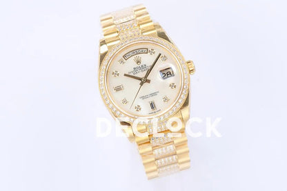 Replica Rolex Day-Date 36 128348RBR MOP Dial with Diamond Bezel in Yellow Gold - Replica Watches