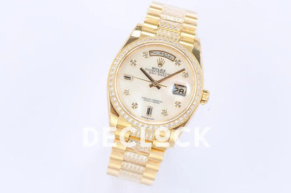 Replica Rolex Day-Date 36 128348RBR MOP Dial with Diamond Bezel in Yellow Gold - Replica Watches