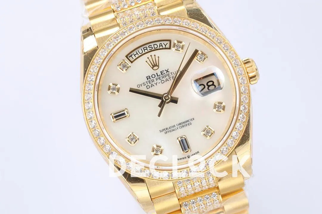 Replica Rolex Day-Date 36 128348RBR MOP Dial with Diamond Bezel in Yellow Gold - Replica Watches