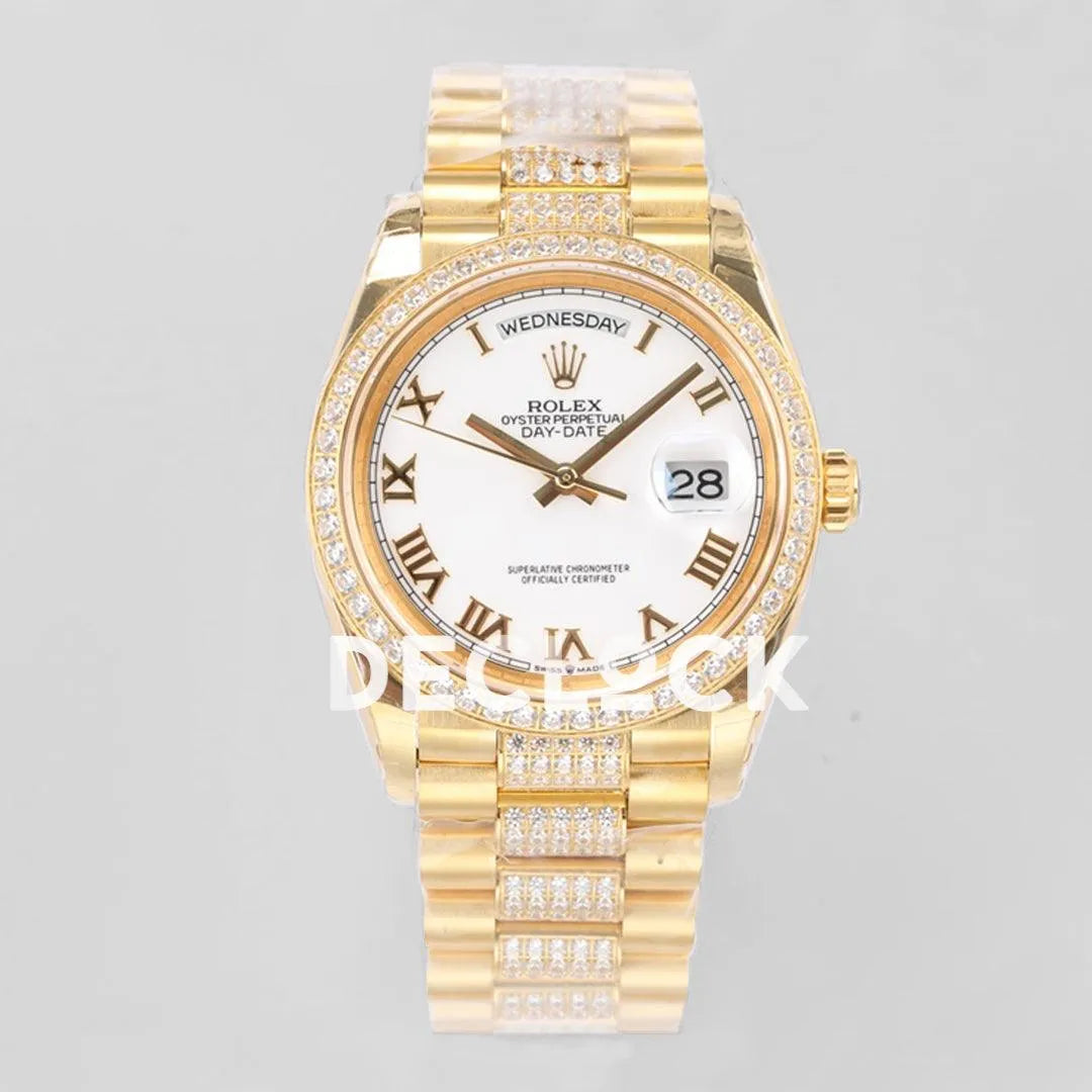 Replica Rolex Day-Date 36 128348RBR White Dial with Diamond Bezel in Yellow Gold - Replica Watches