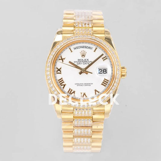 Replica Rolex Day-Date 36 128348RBR White Dial with Diamond Bezel in Yellow Gold - Replica Watches