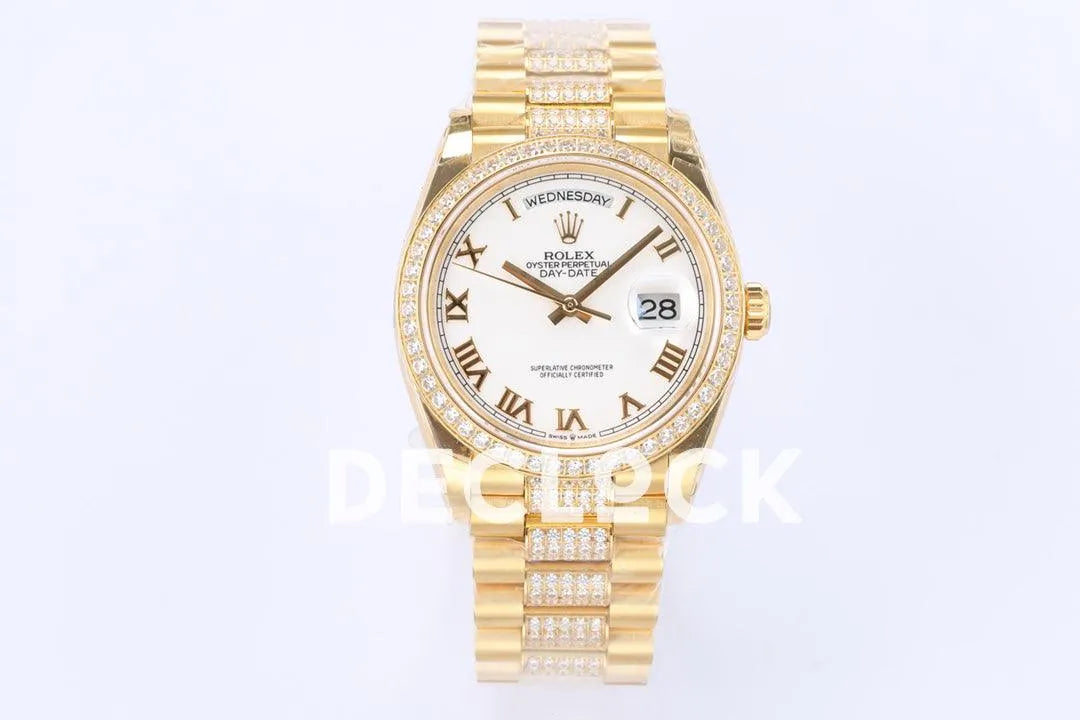 Replica Rolex Day-Date 36 128348RBR White Dial with Diamond Bezel in Yellow Gold - Replica Watches