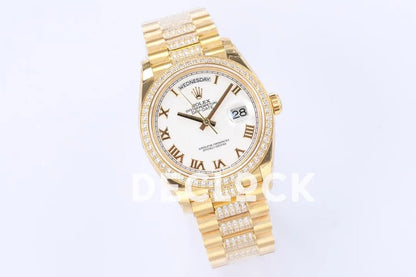 Replica Rolex Day-Date 36 128348RBR White Dial with Diamond Bezel in Yellow Gold - Replica Watches