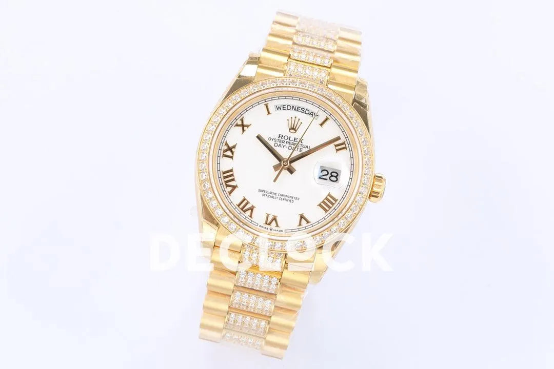 Replica Rolex Day-Date 36 128348RBR White Dial with Diamond Bezel in Yellow Gold - Replica Watches