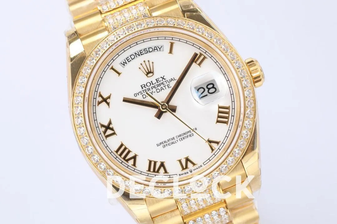 Replica Rolex Day-Date 36 128348RBR White Dial with Diamond Bezel in Yellow Gold - Replica Watches