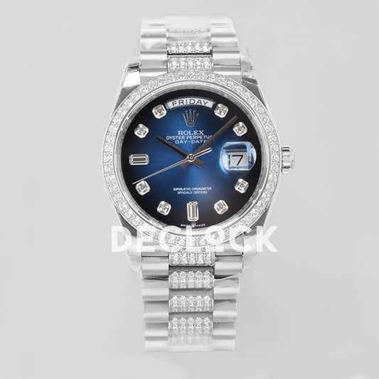 Replica Rolex Day-Date 36 128349RBR Blue Dial with Diamond Bezel in White Gold - Replica Watches