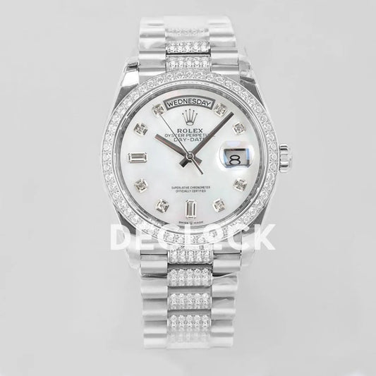 Replica Rolex Day-Date 36 128349RBR MOP Dial with Diamond Bezel in White Gold - Replica Watches