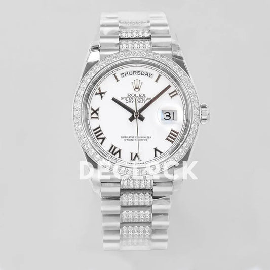 Replica Rolex Day-Date 36 128349RBR White Dial with Diamond Bezel in White Gold - Replica Watches