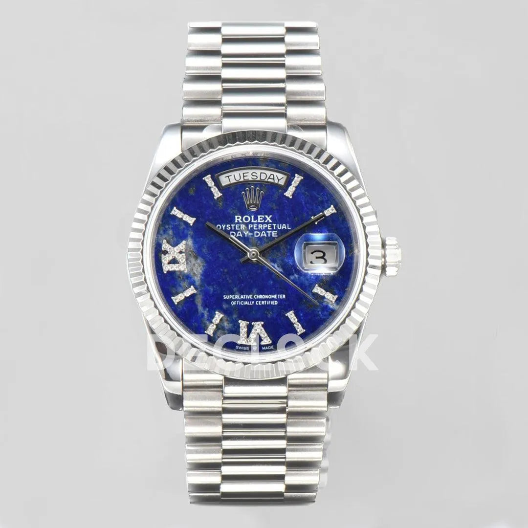 Replica Rolex Daydate 36 128236 Lapis Lazuli Diamond Roman Dial in Platinum - Replica Watches