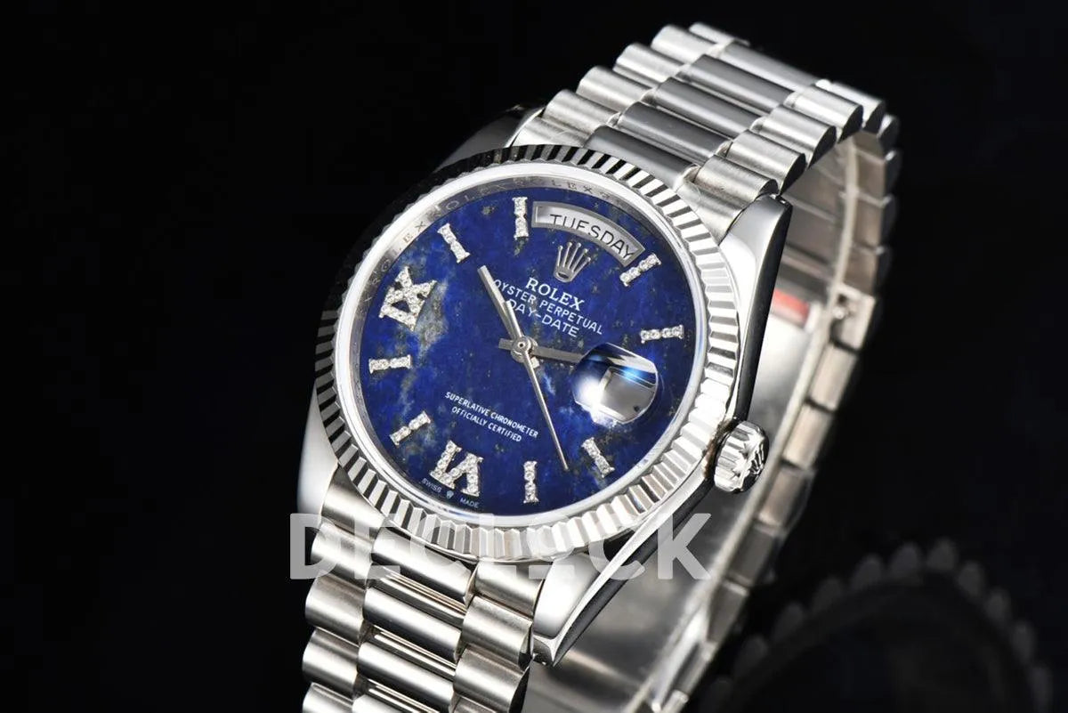 Replica Rolex Daydate 36 128236 Lapis Lazuli Diamond Roman Dial in Platinum - Replica Watches