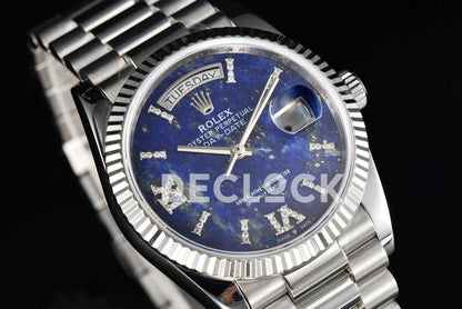 Replica Rolex Daydate 36 128236 Lapis Lazuli Diamond Roman Dial in Platinum - Replica Watches