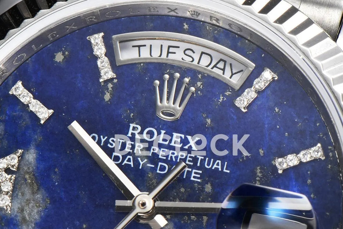 Replica Rolex Daydate 36 128236 Lapis Lazuli Diamond Roman Dial in Platinum - Replica Watches