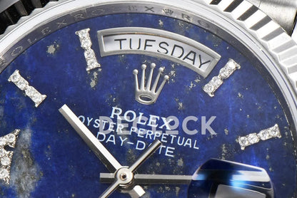 Replica Rolex Daydate 36 128236 Lapis Lazuli Diamond Roman Dial in Platinum - Replica Watches