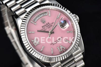 Replica Rolex Daydate 36 128236 Pink Opal Dial with Roman Marker in Platinum - Replica Watches