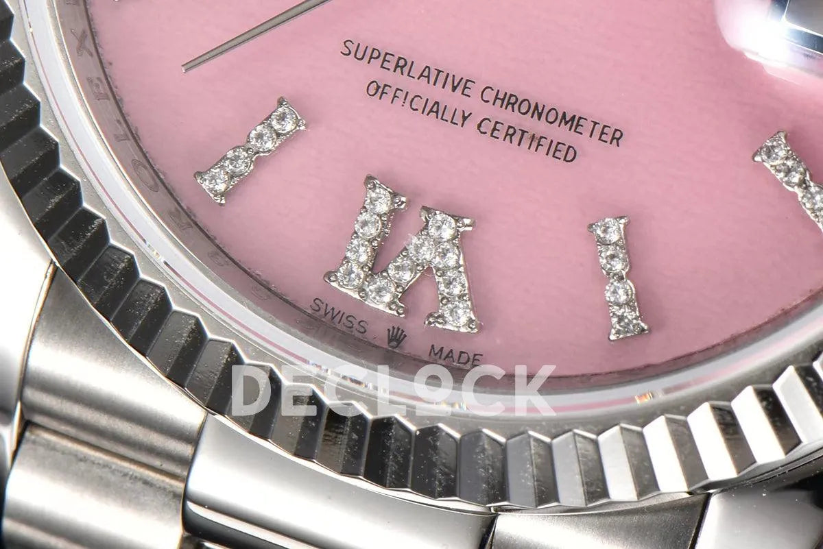 Replica Rolex Daydate 36 128236 Pink Opal Dial with Roman Marker in Platinum - Replica Watches