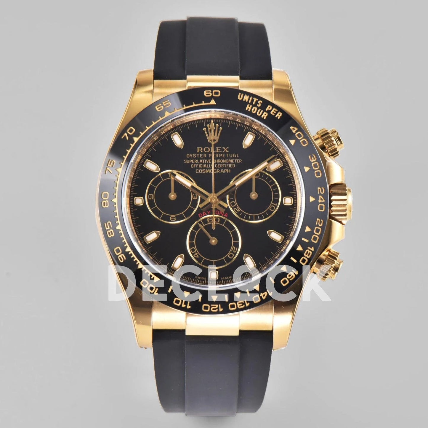 Replica Rolex Daytona 116518LN Black Dial in Yellow Gold on Rubber Strap - Replica Watches