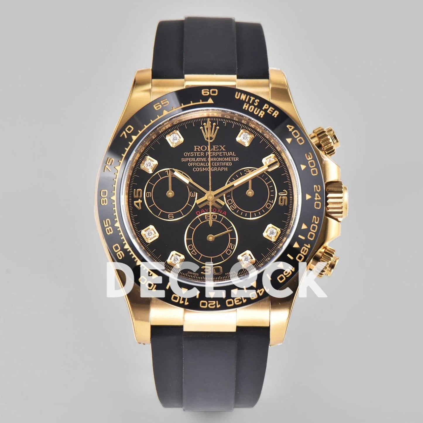 Replica Rolex Daytona 116518LN Black Dial in Yellow Gold on Rubber Strap - Replica Watches