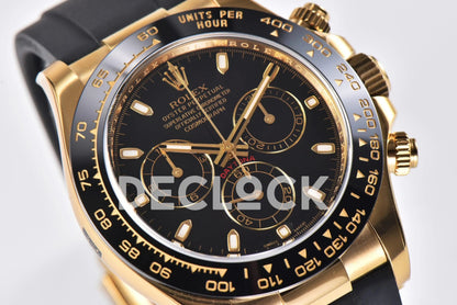 Replica Rolex Daytona 116518LN Black Dial in Yellow Gold on Rubber Strap - Replica Watches