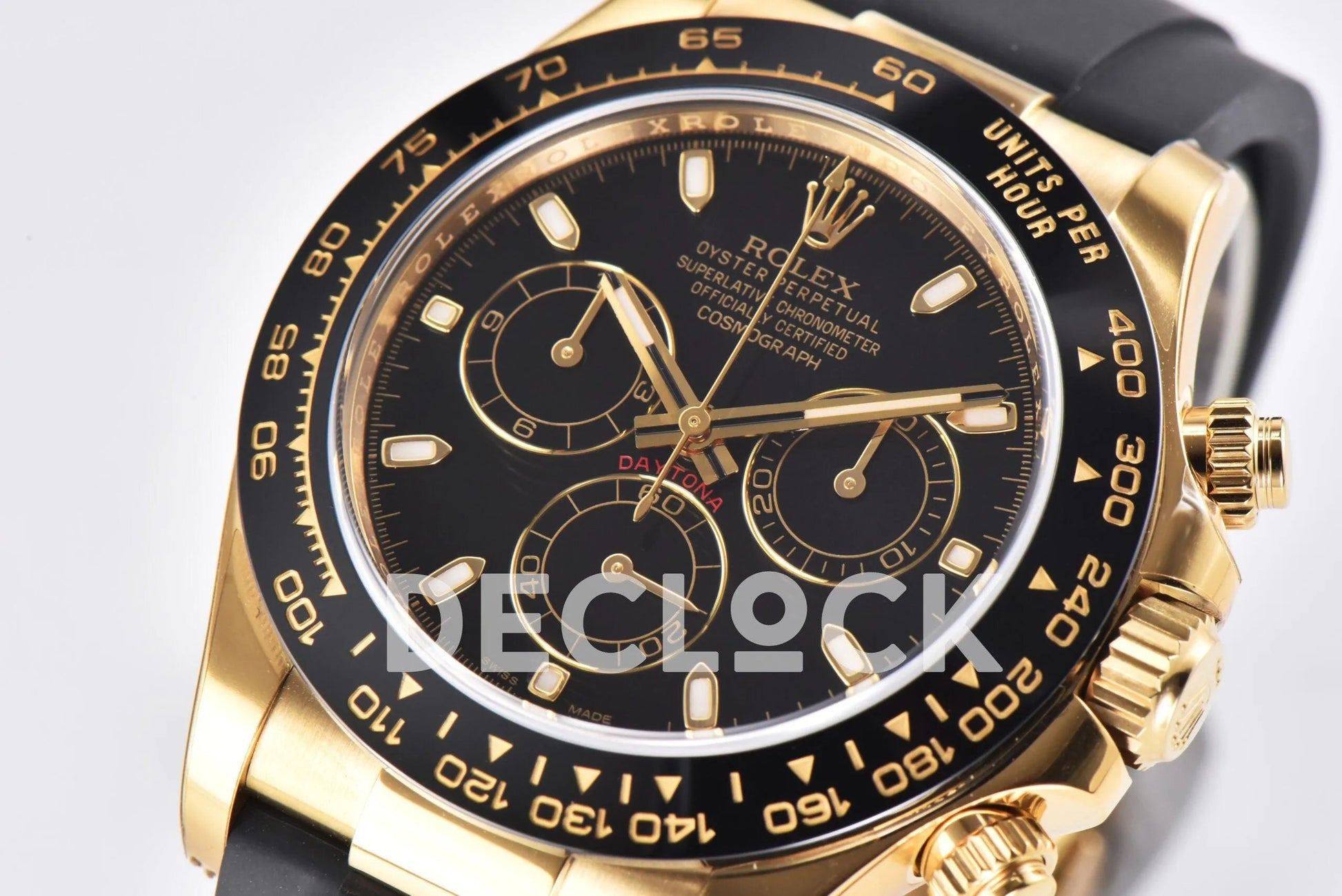 Replica Rolex Daytona 116518LN Black Dial in Yellow Gold on Rubber Strap - Replica Watches