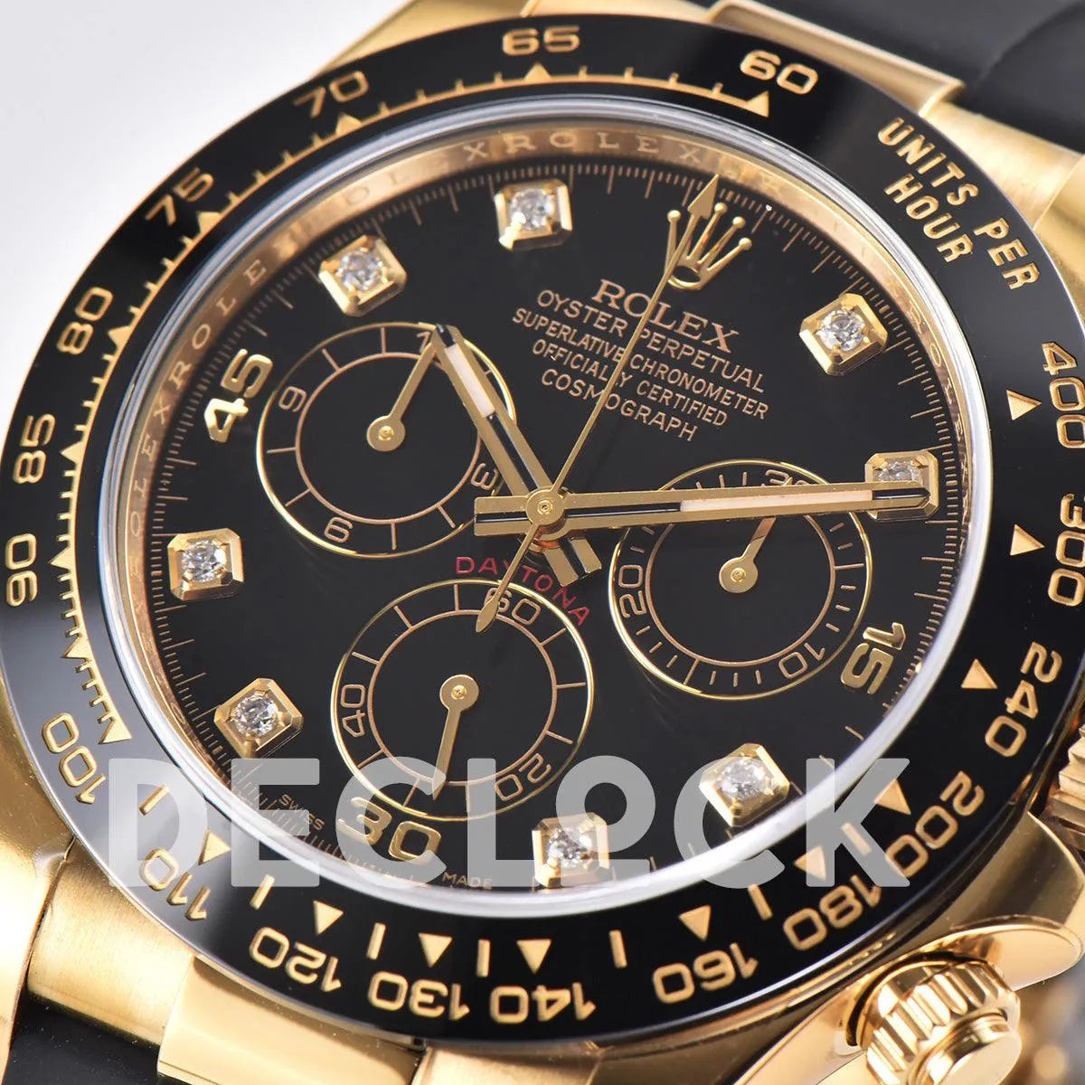 Replica Rolex Daytona 116518LN Black Dial in Yellow Gold on Rubber Strap - Replica Watches