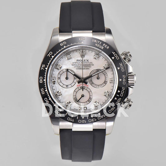 Replica Rolex Daytona 116519LN White MOP Dial in White Gold on Rubber Strap - Replica Watches